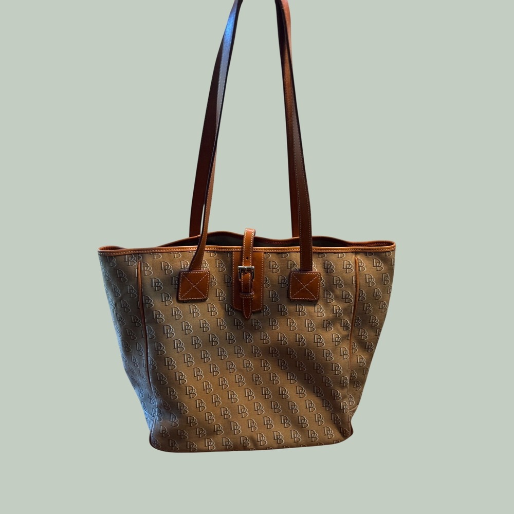 Dooney & Bourke Signature DB Monogram Canvas Shopper Tote Bag Y2K Tan Brown